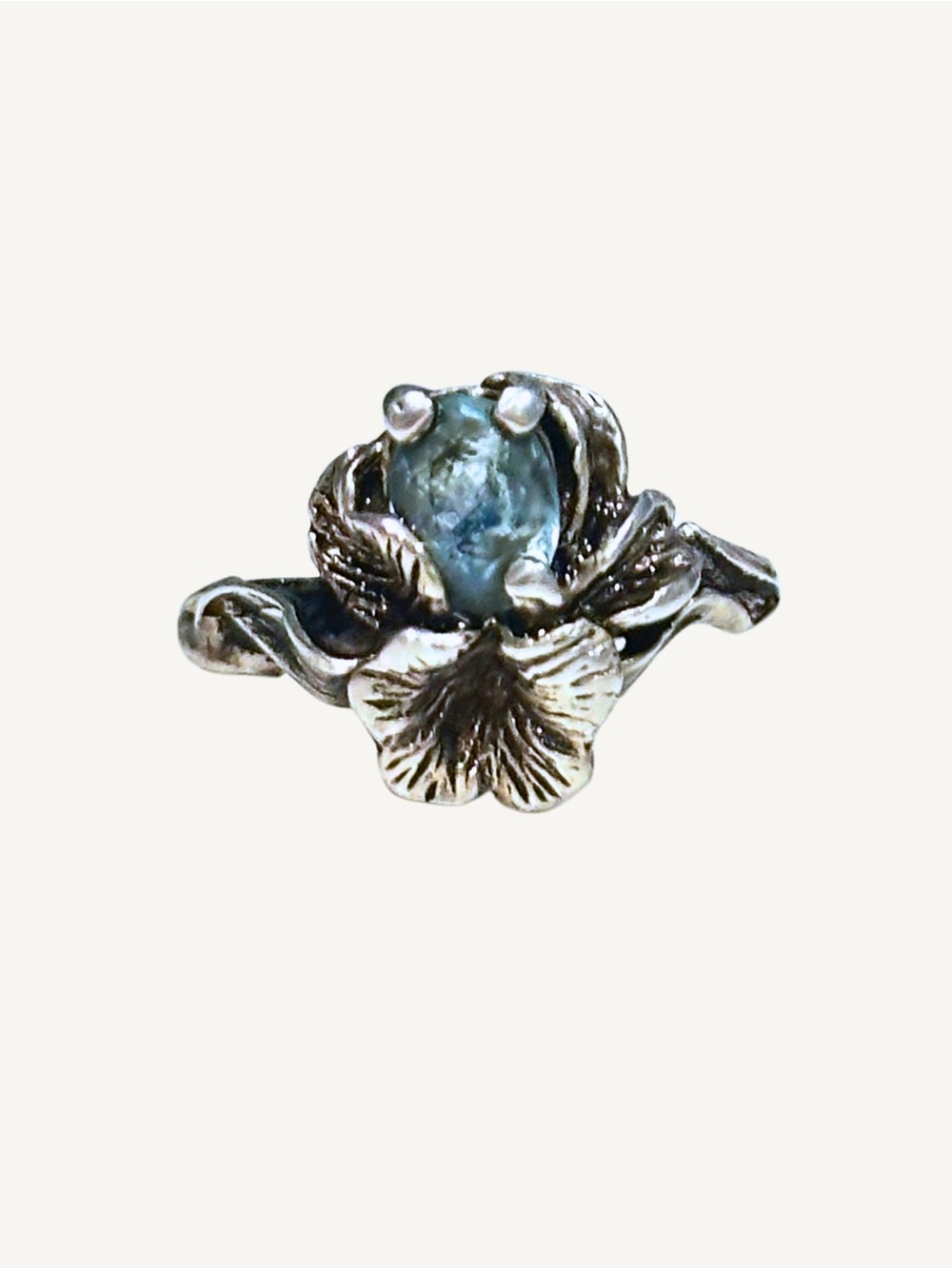Aquamarine Sterling Silver Iris Flower Ring Size 7 Art Nouveau Style Sculptural
